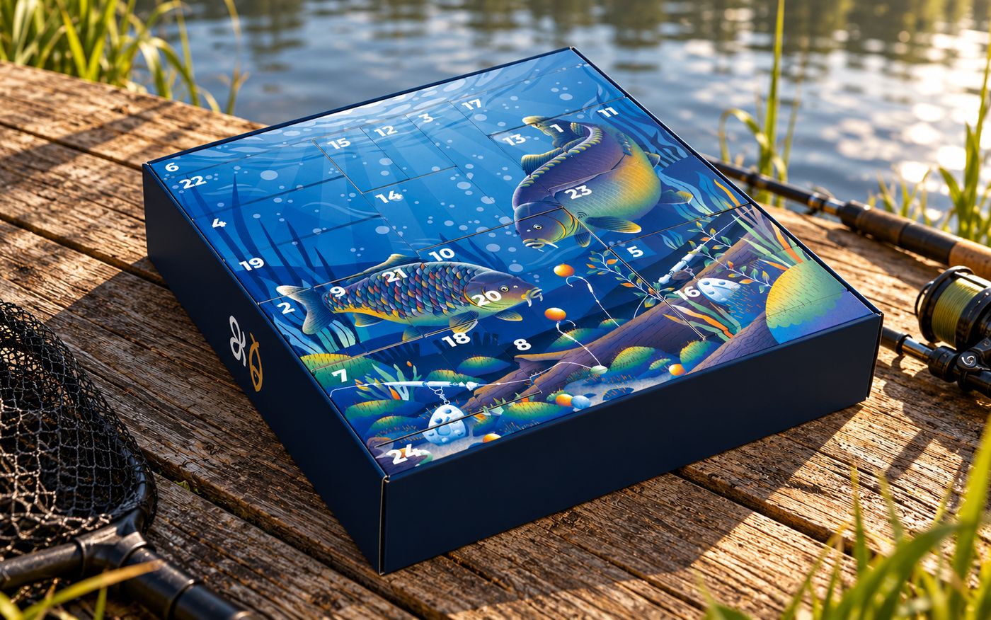 Adventný kalendár Box for Fishing položený na móle vedľa podberáka a navijaka