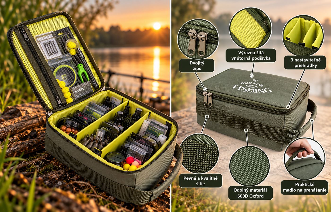 Tackle Pack: dvojitý zips, žltá podšívka, 3 nastaviteľné priehradky, materiál 600D Oxford a rúčka